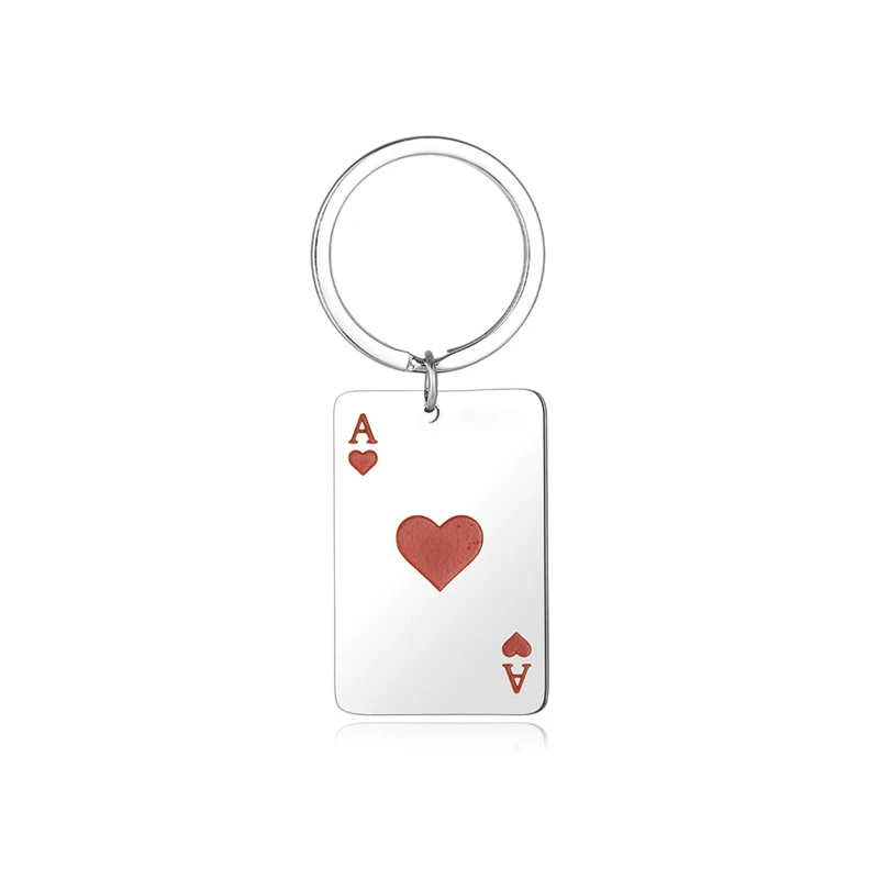 Hip Hop Poker Ace Of Hearts Keychain For Men Boys Stainless Steel Playing Card Key Chain Jewelry Gifts