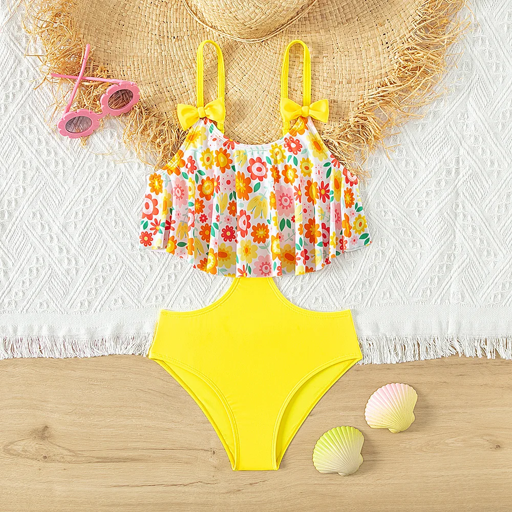 Summer Yellow Printed kids One Piece Swimsuit for teen girls swimsuits 5-14Y Beach wear Lovely Swimming suit