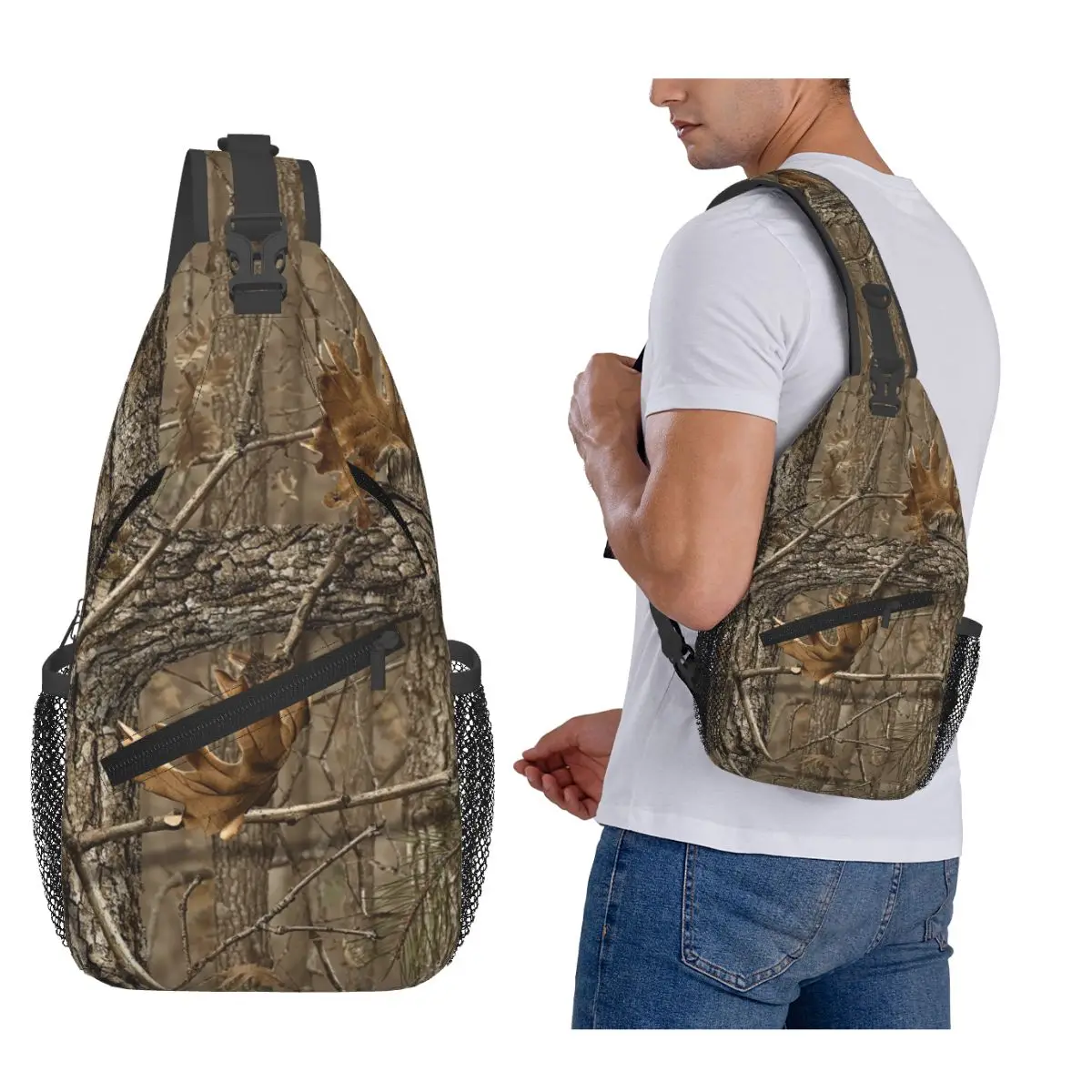 Camouflage Real Tree Realtree Hunter Camo Pattern Chest Bag Men Sling Crossbody Backpack Chest Bag Hiking Daypack Shoulder Bag