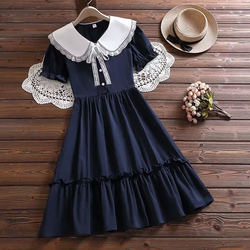 2026 summer New retro Girls short sleeve party Dress bow Sailor Collar Teens layered princess Clothes Toddler 4 8 10 12 year