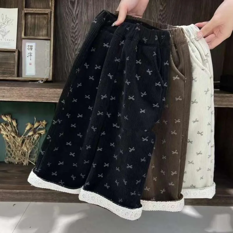 

Corduroy Girls' Winter Fleece Pants Children's Sweet Bow Cozy Warm Straight Leg Casual pants Plush For Cold Weather Trousers