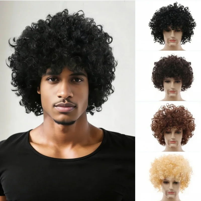 Men Women Synthetic Wigs Fluffy Curly Short Hair Cap Halloween Cosplay Party Headcover Props Disco Hippie Rock Dance Hair Wigs