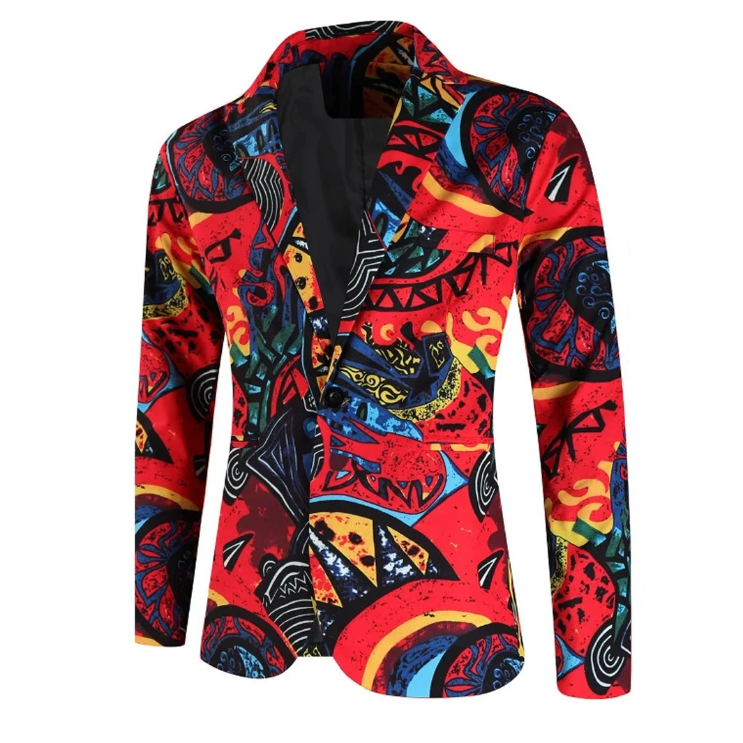

Модный пиджак в этническом художественном стиле для мужчин, винтажный принт, приталенный крой, мужской костюмный пиджак для вечеринок и сцены, на одной пуговице, Blazer Hombre