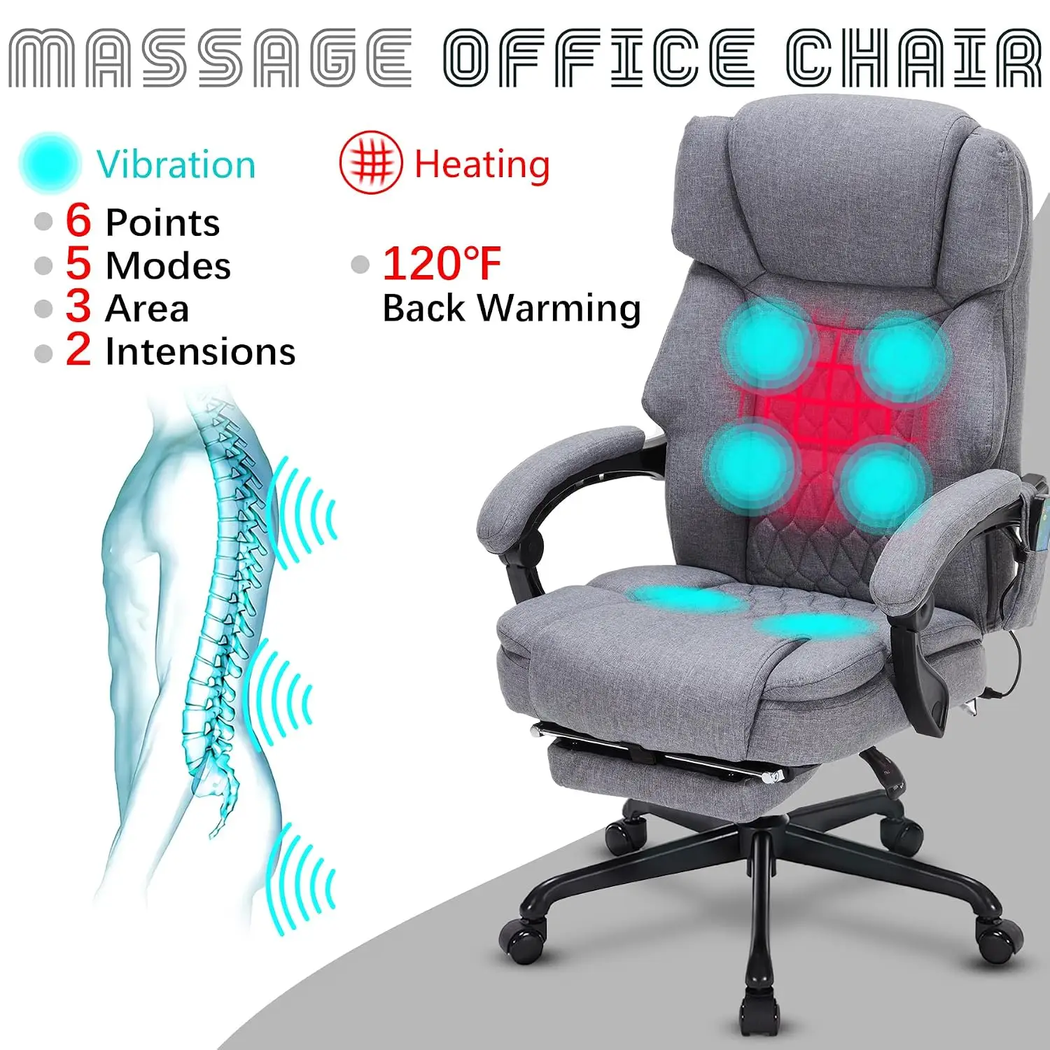 Massage Chair With Footrest 6-Point Vibration & Heat Reclining Ergonomic Office Chair 400lbs, Customized
