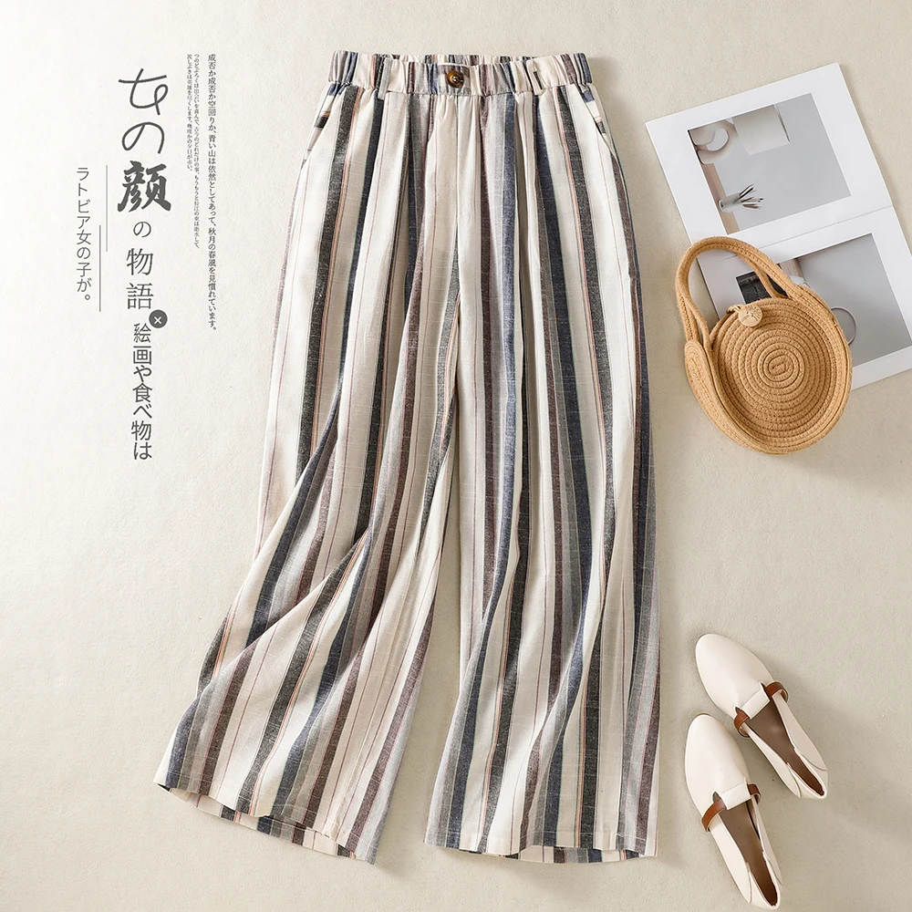 

High Waist Straight Leg Loose Fit Pants Elastic Waist Thin Stripe Casual Wide Leg Trousers for plus Size Women