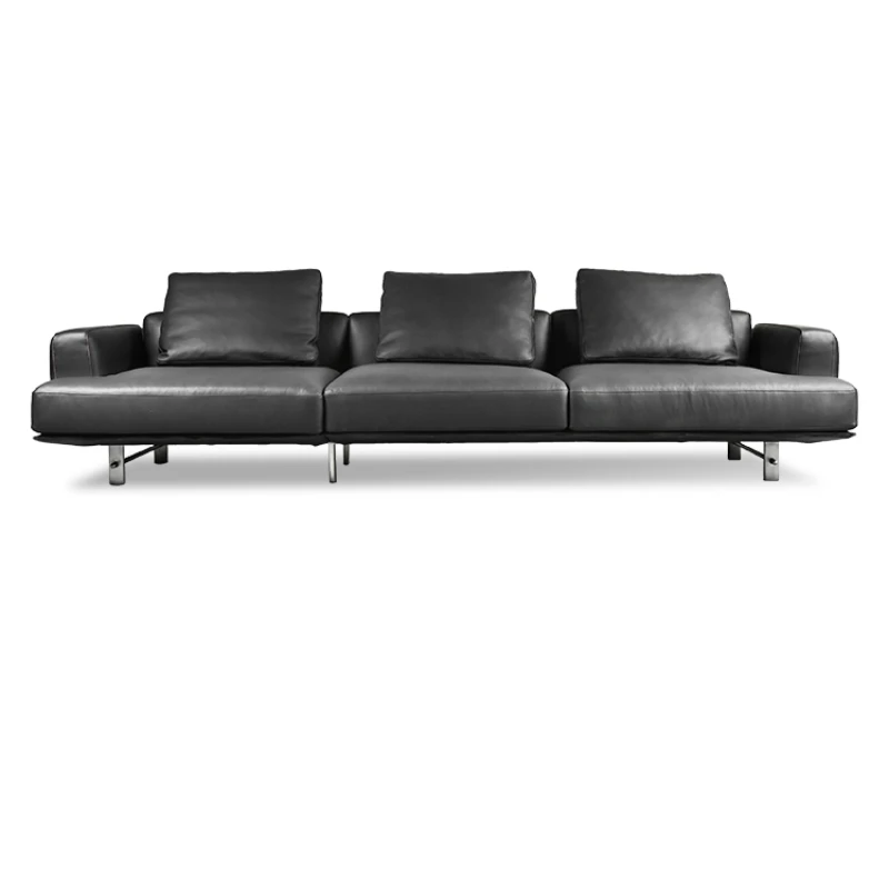 The first layer of cowhide modern light luxury high-end straight row high-leg black leather sofa