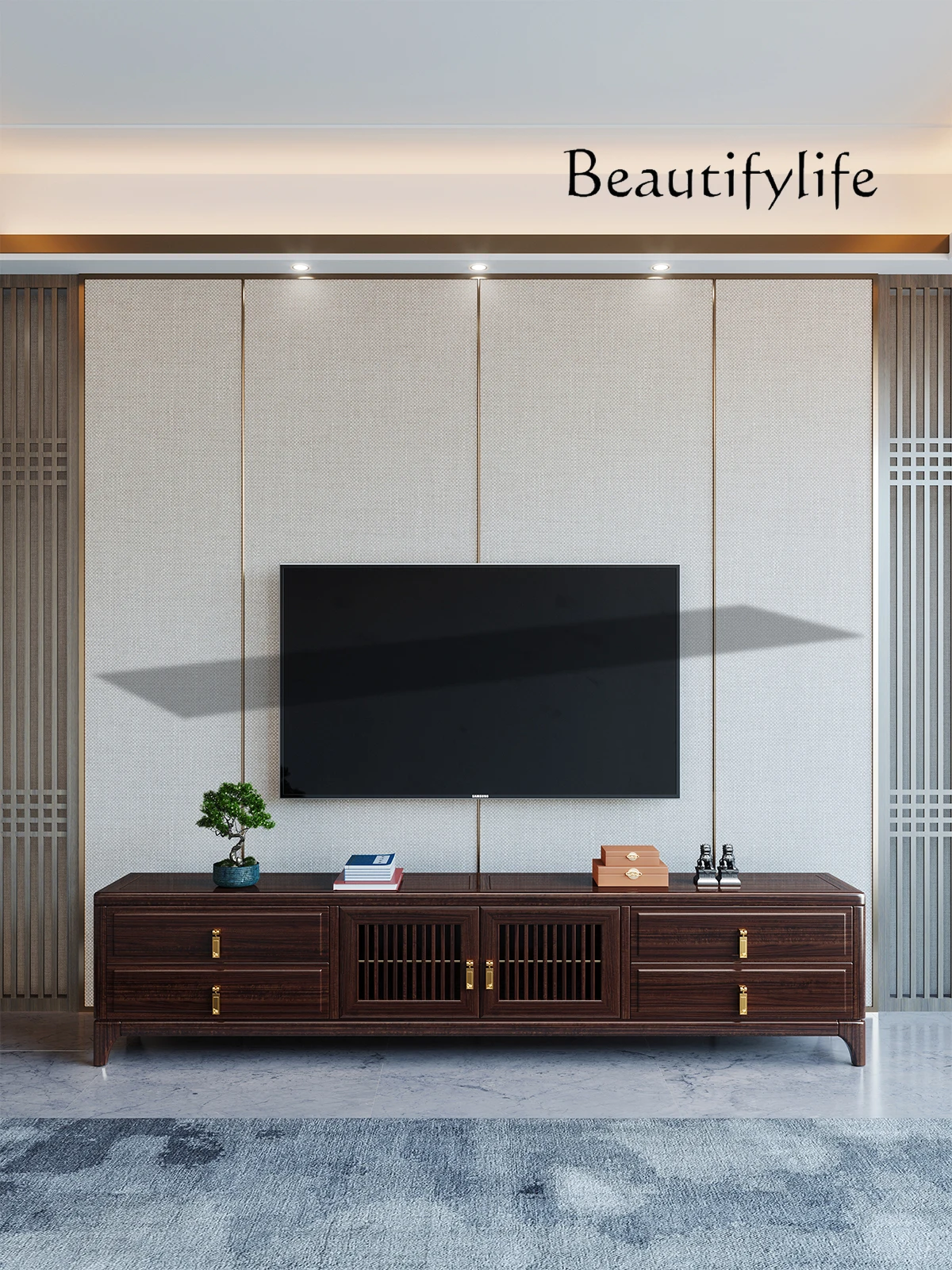 

New Chinese Style Solid Wood TV Cabinet Light Luxury Ugyen Wood Storage Floor Cabinet Modern Retro Living Room Combination