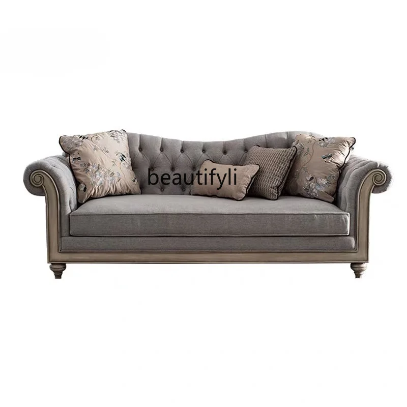 

American Retro Distressed Solid Wood Cloth Craft Sofa Wood Carved New Classical Single Three-Seat Sofa