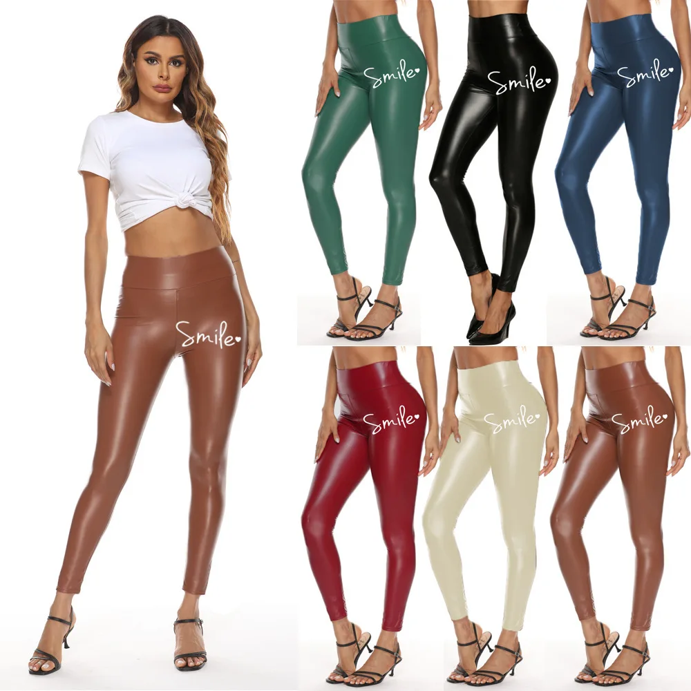 2024 Printed leather pants women's high waist large size smile printed Leggings