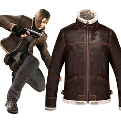 Leon S Kennedy Motorrad Faux Leder Jacke Männer Winter Fleece Plüsch Fahrer Jacke Windjacken Synthetische Lambswool Mantel Braun