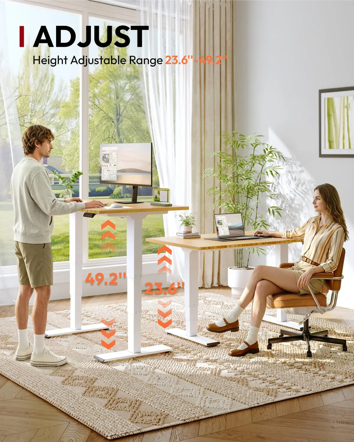 Bamboo Dual Motor Electric Height Adjustable Standing Desk 60x30 Inch 220lbs Load, Customized