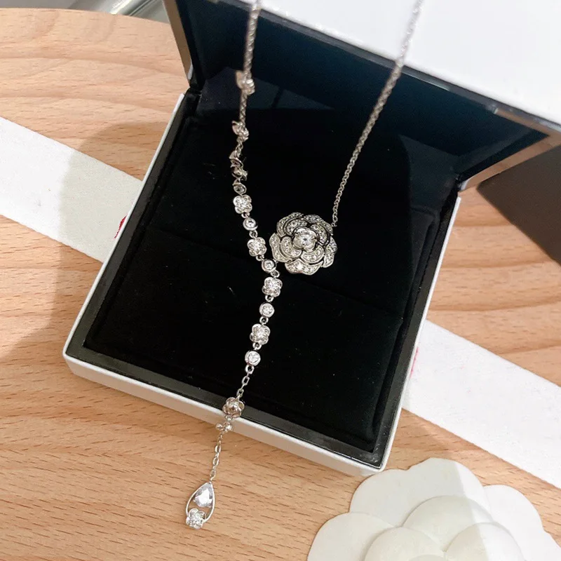 S925Silver Camellia Water Drop Tassel NecklaceinsHigh Carbon Full Diamond Light Luxury5AZircon Rose Clavicle Chain