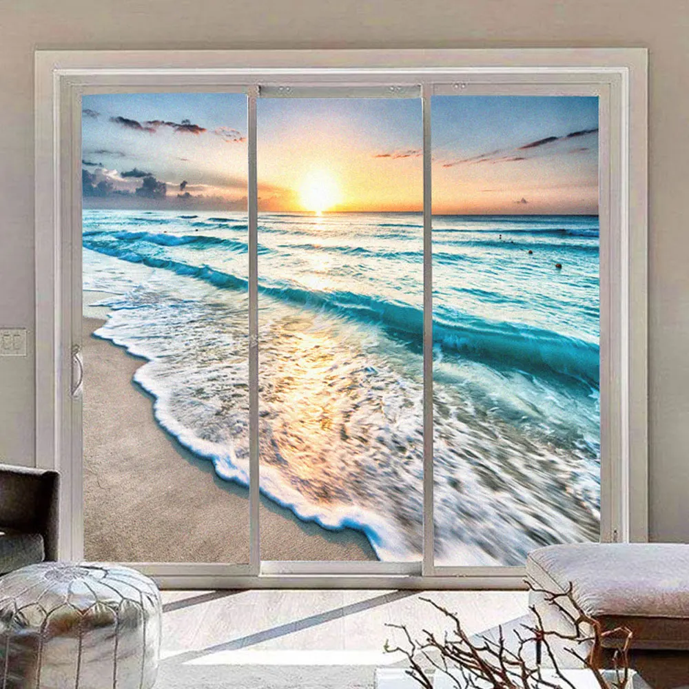 Frosted Glass Window Privacy Film Beach Seascape Pattern Non-Glue Static Clings Glass Door Sticker Anti-UV Glass Window Film