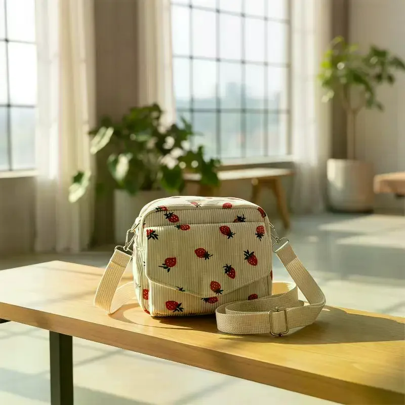 Strawberry Pattern Messenger Bags Corduroy Women's Small Shoulder Bag Teenager Girl Crossbody Bag Cute Tote Student Square Bag