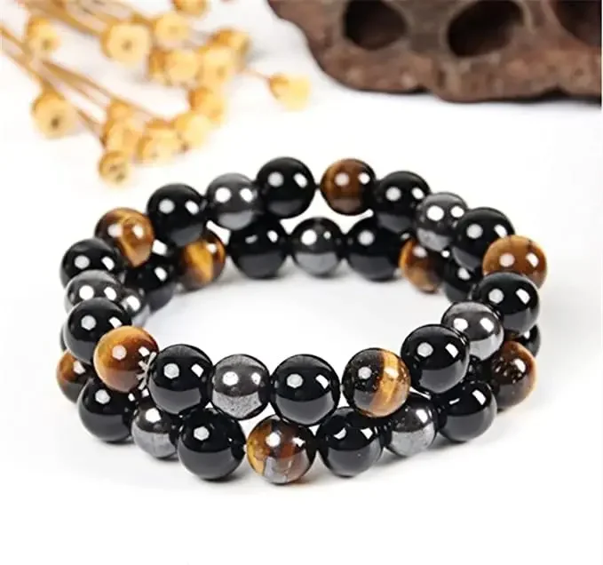 Pulsera de Triple protección de hematita de obsidiana negra, juego de cuentas de ojo de tigre azul, pulseras de piedra de Lava para hombres y mujeres, 10MM