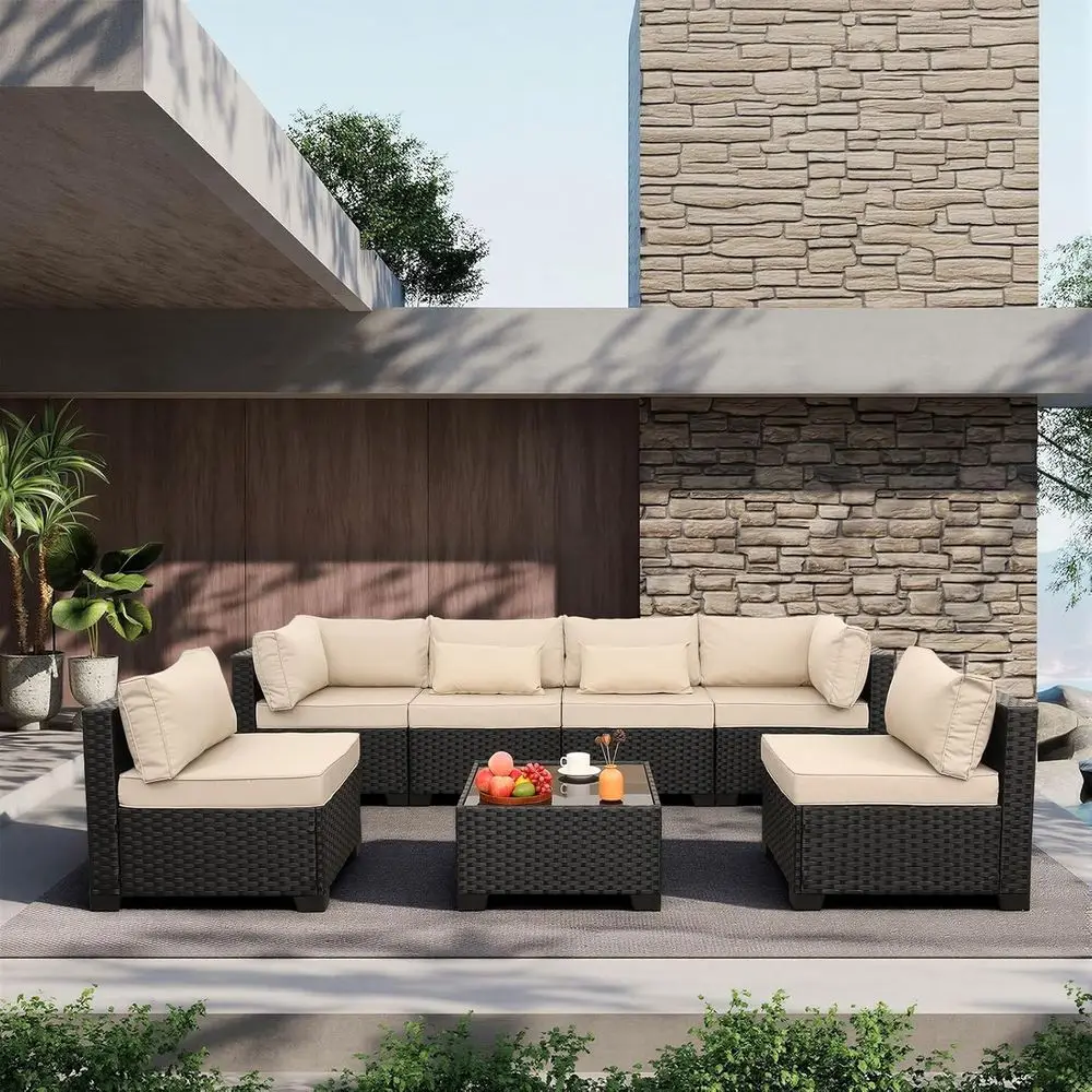 

7-местный комплект садовой мебели из искусственного ротанга с подушками цвета хаки и стеклянным столом