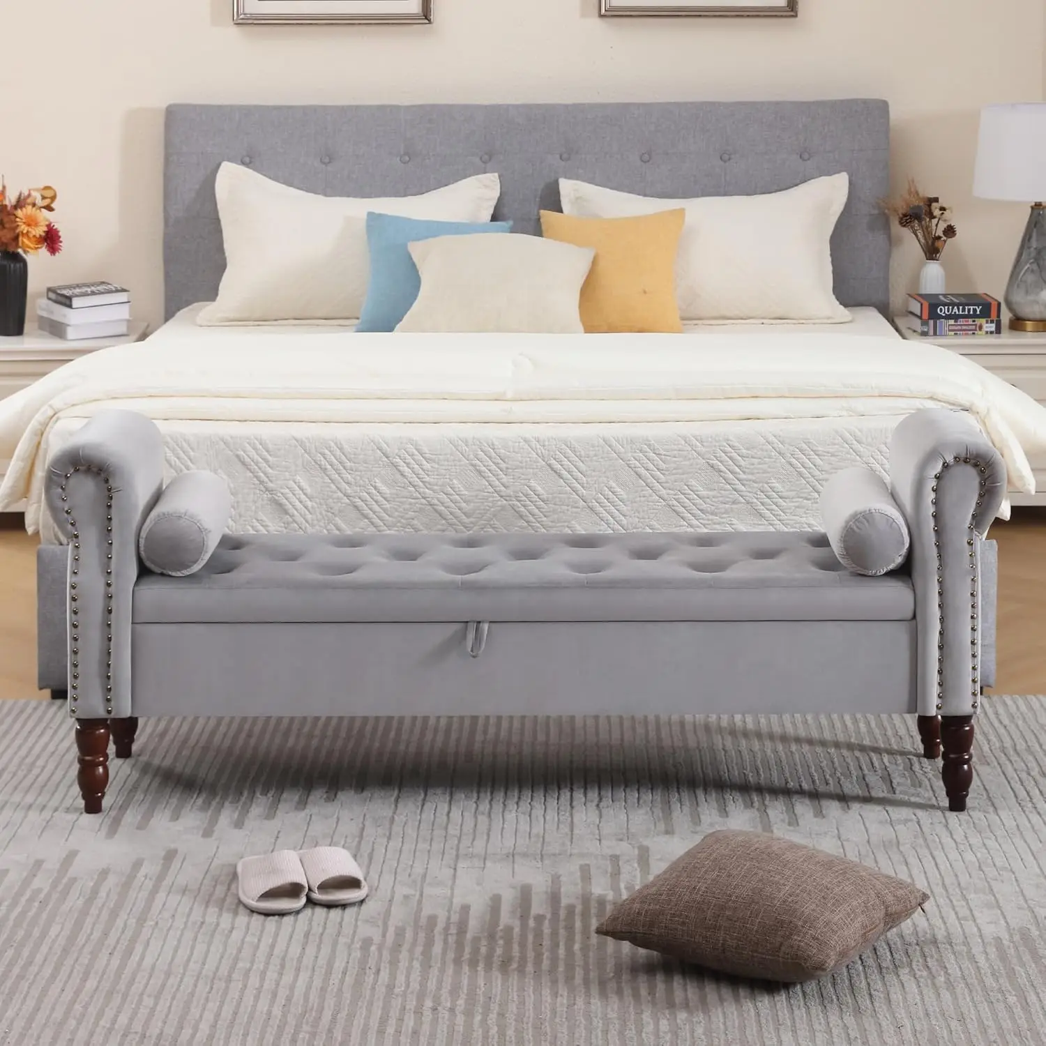 'King Size End of Bed Storage Bench, Velvet Upholstered Tufted with Arms, Grey'