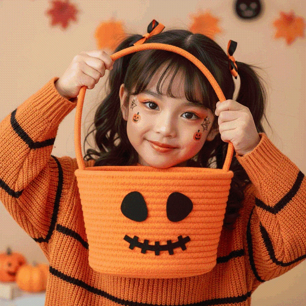 Cotton Pumpkin Candy Bucket Orange Braided Halloween Rope Basket Spacious Portable Trick Treat Tote Party