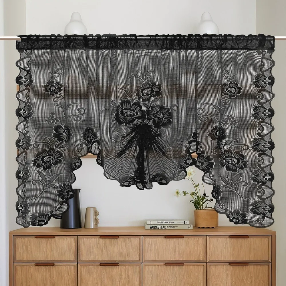 Butterfly Pull-Out Design Rustic Style Lace Short Curtain Vintage Floral Embroidery Sheer Curtains Breathable Light-blocking