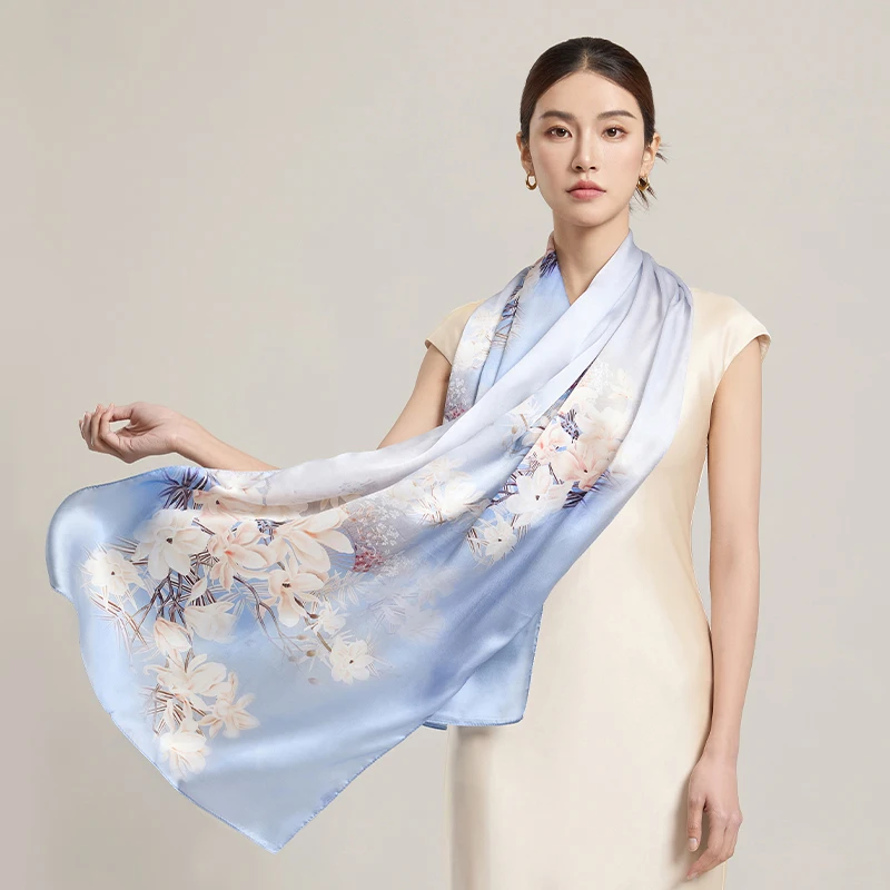 

Синий длинный шарф из 100% натурального шелка для женщин, шелковые платки из Ханчжоу, шали, накидки, буфанда, головной платок, фулярд, женский шелковый шарф с принтом для шеи