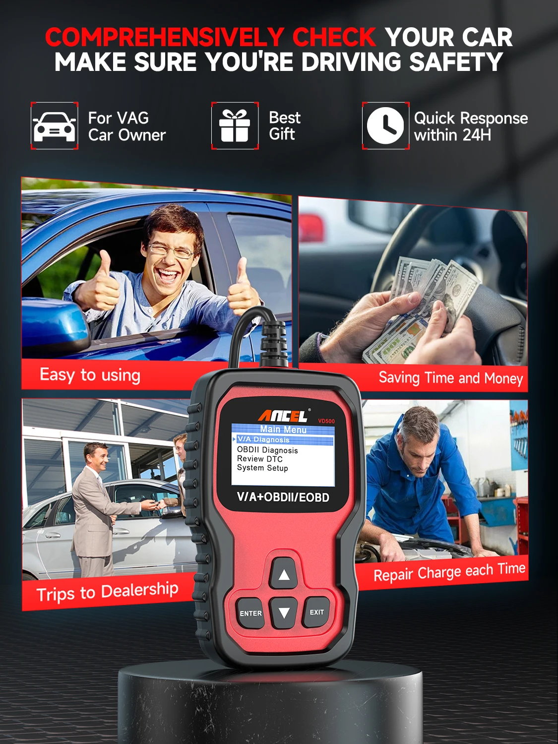 ANCEL VD500 Obd II ماسح ضوئي تشخيصي لـ V-A-G تحقق قارئ رمز ضوء المحرك النفط EPB خنق إعادة تعيين obd2 السيارات الماسح الضوئي