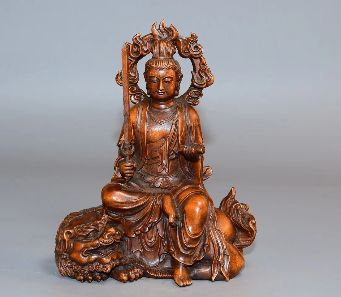 

5"Tibetan Temple Collection Old Boxwood Manjushri Bodhisattva Buddha Sitting God Beast Worship Hall Town house