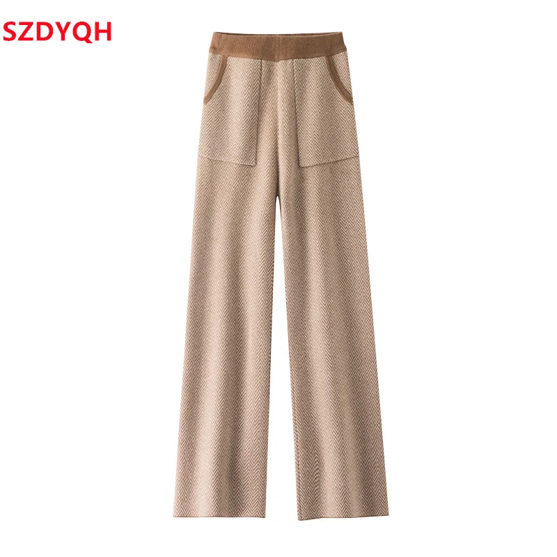 

2023 Autumn Winter Women 100% Wool Pants Soft Waxy Comfortable High-Waist Knitted Trousers Female Fashion Thicken Wide Leg Pants