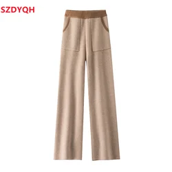 2023 Autumn Winter Women 100% Wool Pants Soft Waxy Comfortable High-Waist Knitted Trousers Female Fashion Thicken Wide Leg Pants