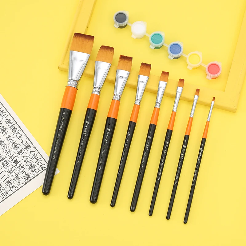 Short Handle Nylon Flat Peak Gouache Watercolor Acrylic Oil Brush, Suitable for Beginners Art Student Artists Painting