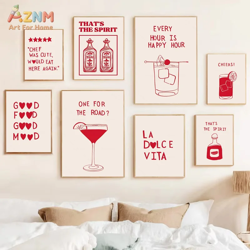 AZNM Red Line Cocktail Wine Canvas Wall Art Retro Bar Quote La Dolce Vita Happy Hour Kitchen Dining Room Decor Unframed Canvas P