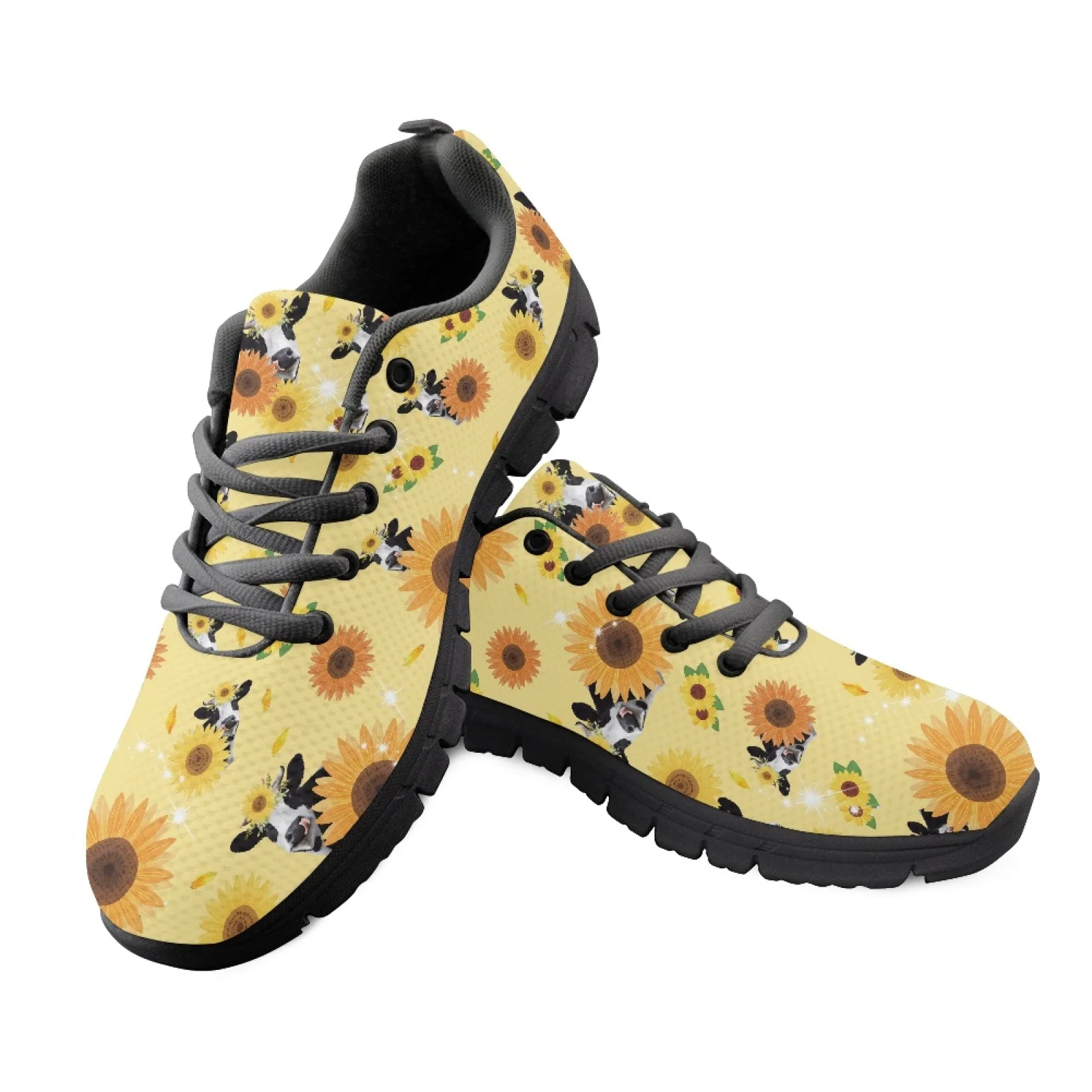 Coloranimal Sunflower & Cow Men Lightweight Mesh Running Sneakers Cushion Tennis Training Shoes for Outdoor
