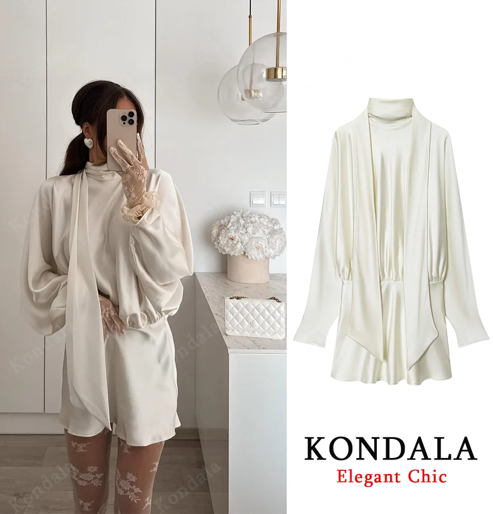 KONDALA-Vestido corto con cuello de bufanda de satén Beige, vestido de fiesta elegante de manga larga para mujer, moda de otoño 2025, vestido de calle para mujer