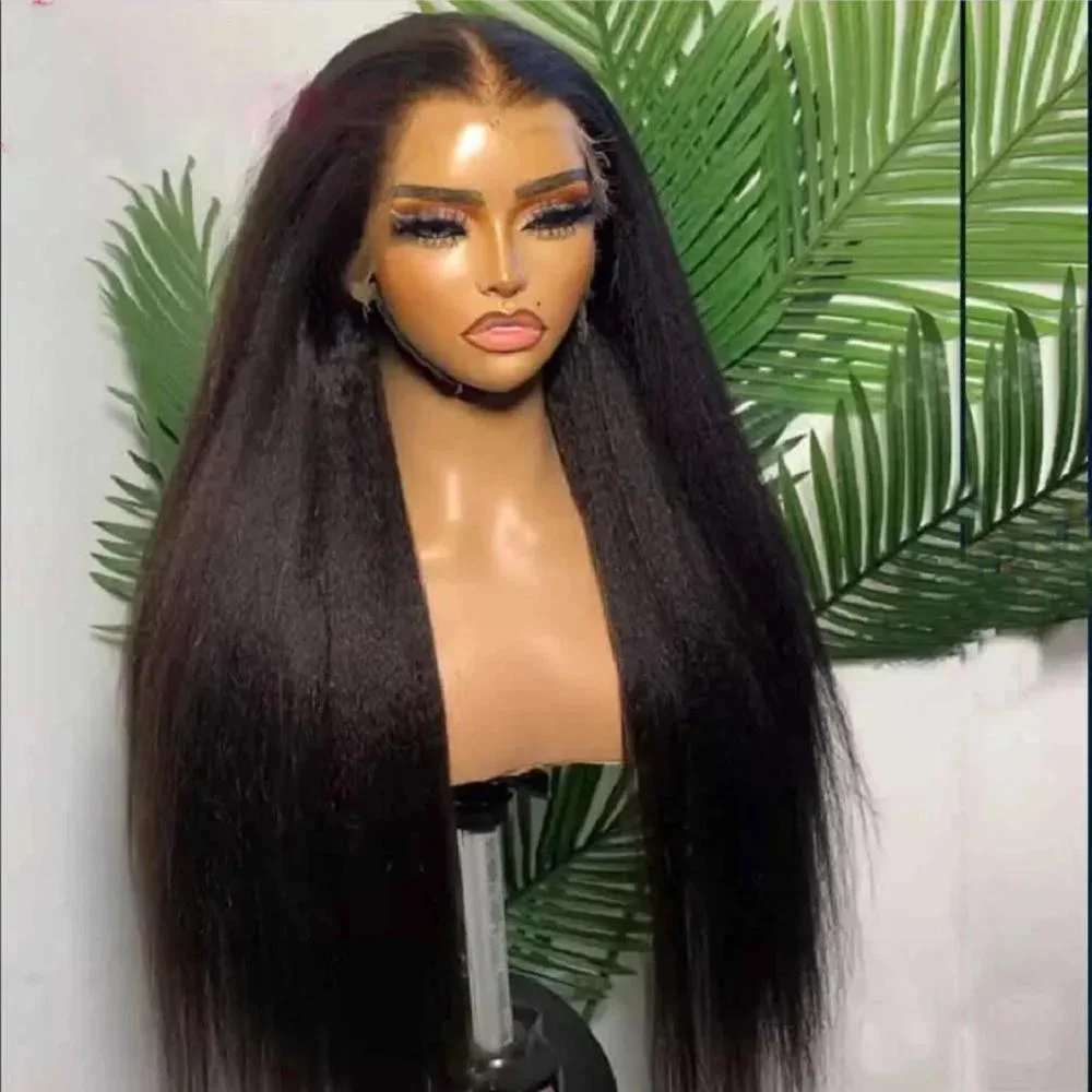 30inch 180density Soft Kinky Straight Wig Black Yaki Lace Front Wig With Baby Hair Synthetic Wigs Heat Temperature Glueless