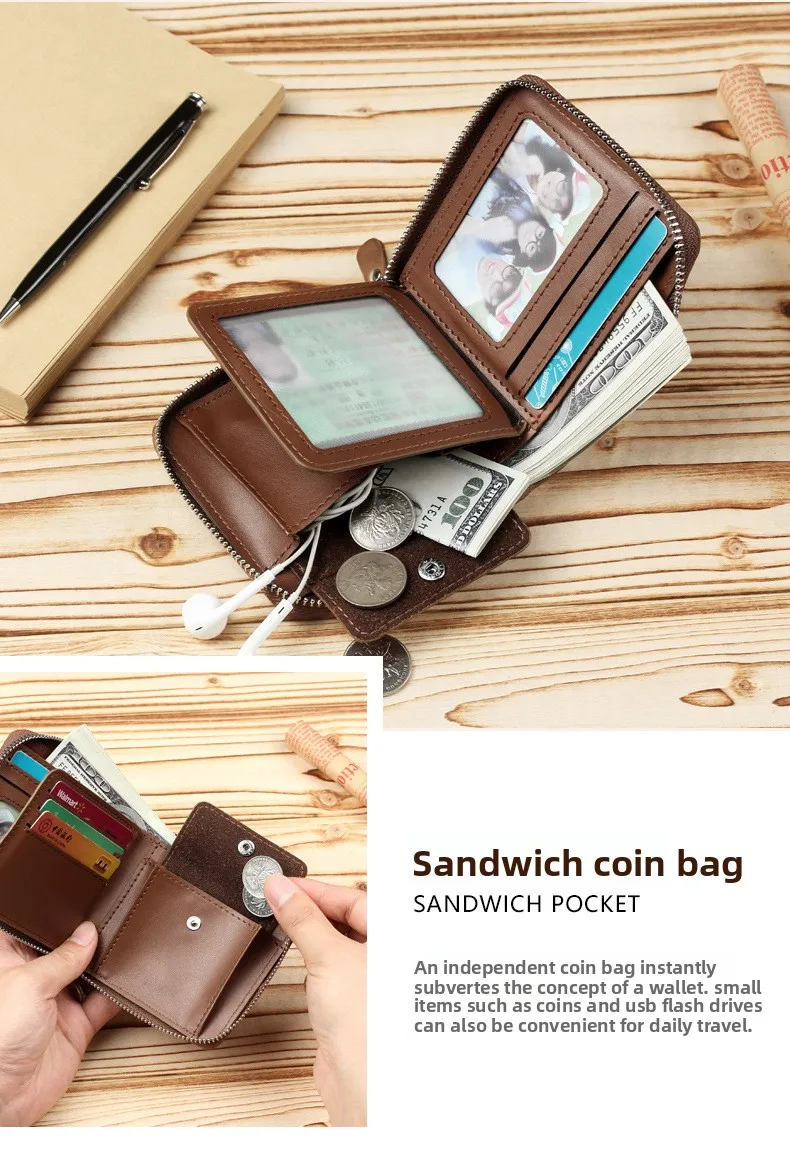 New Men's Simple and Fashionable Small Wallet Handbag, Zipper Men's Bag with Multiple Compartments and Large Capacity Clutch