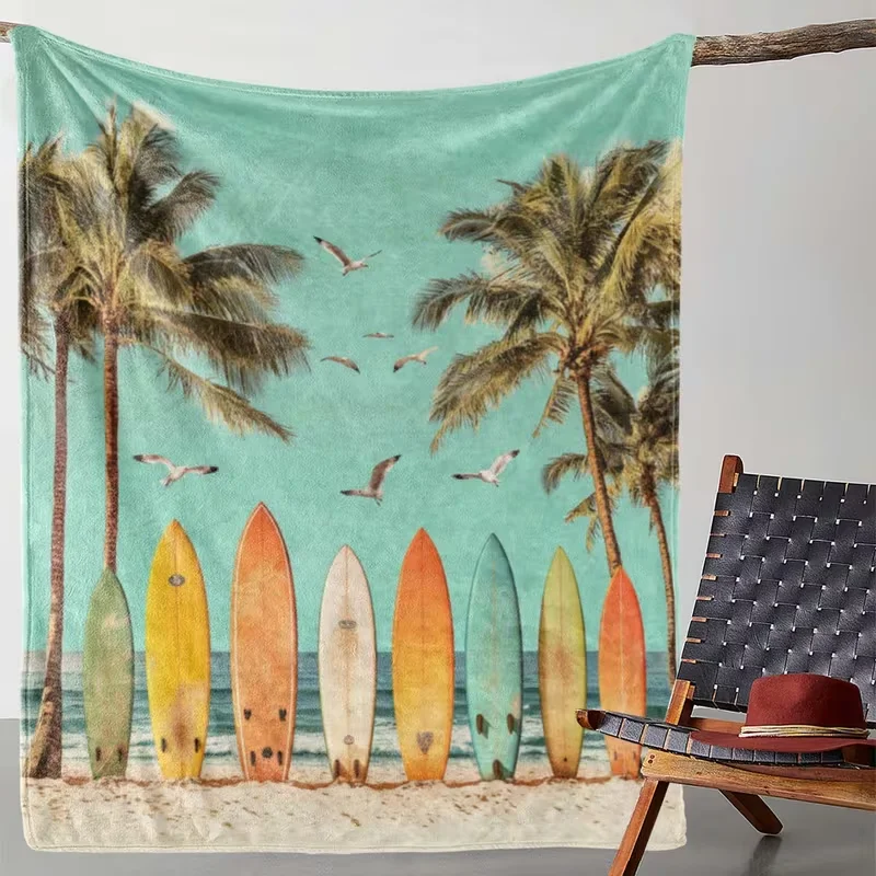 Vintage Beach Surfboard Palm Tree Blanket Retro Seaside Seagull Coastal Scene Print Soft Warm Blanket for Couch Bed Decor