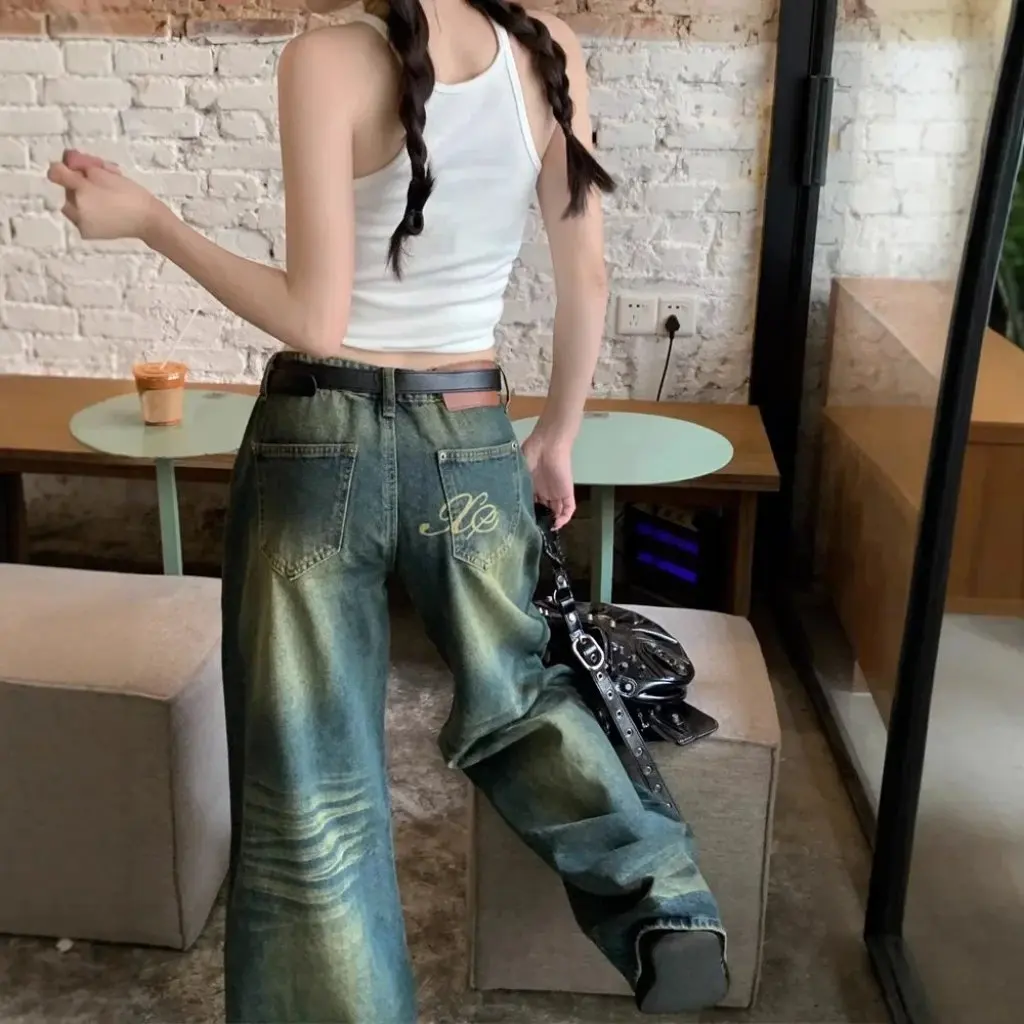 

Женские прямые джинсы больших размеров в стиле ретро с низкой талией, старые свободные широкие брюки, универсальные брюки для полных девушек в американском стиле