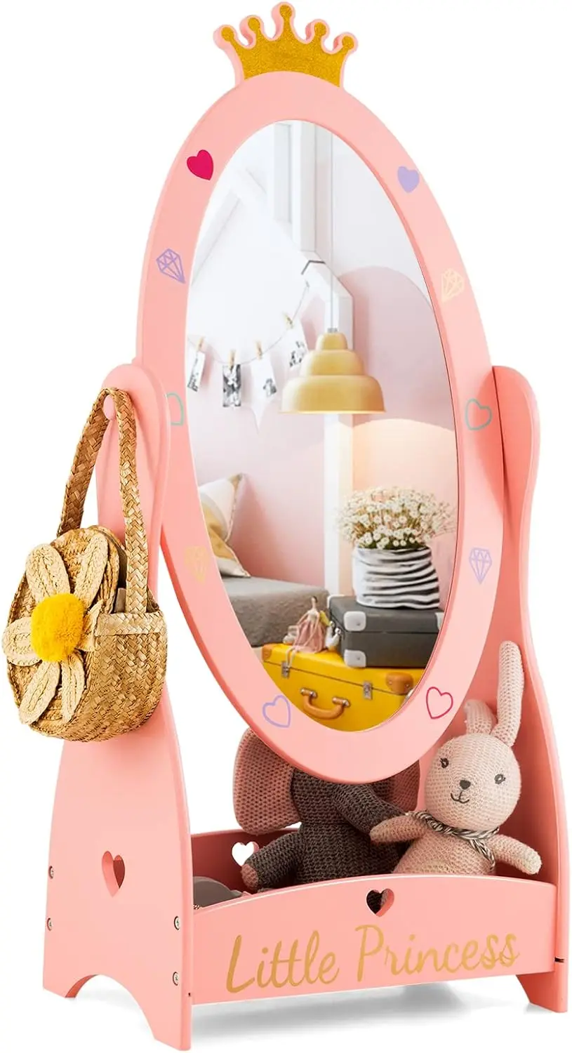 Kids Full Length Mirror, Princess Floor Free Standing Mirror w/Storage Shelf, 360 Degree Rotatable Oval Dressing Mirror w/Cute C