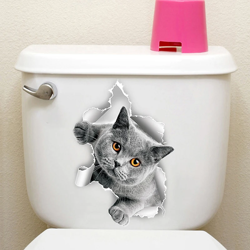 Divertidos pegatinas 3D para asiento de inodoro de gatito, calcomanías impermeables para pelar y pegar, calcomanías de animales para baño, decoración para baño