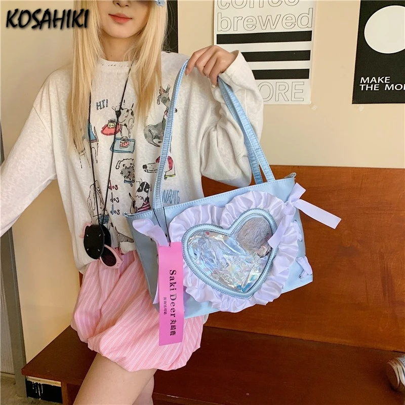 

Luxury Design Transparent Heart Ruffled Shoulder Handbags Women Fashion Kawaii Bandage Bow Underarm Bag Y2k Aesthetic Ita Bags