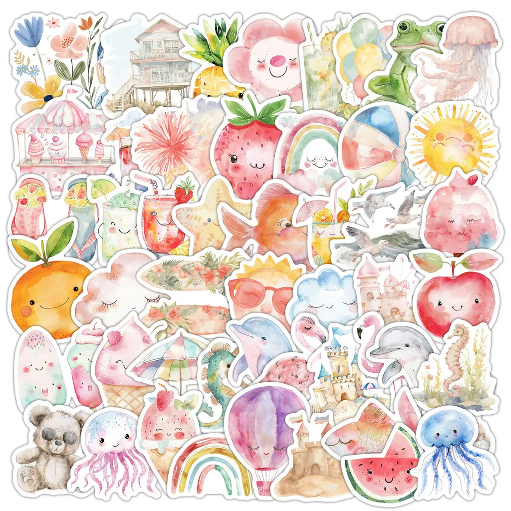 50PCS Small Watercolor Summer Graffiti Stickers - Waterproof Decor for Water Cup & Computer AnimeWorlds Store