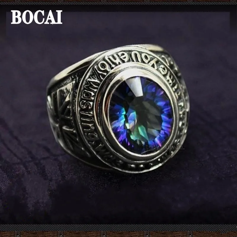 BOCAI 100% S925 Silver New Genuine GV - British style gradually changing color drilling Thai Silver Ring Man\'s silver ring