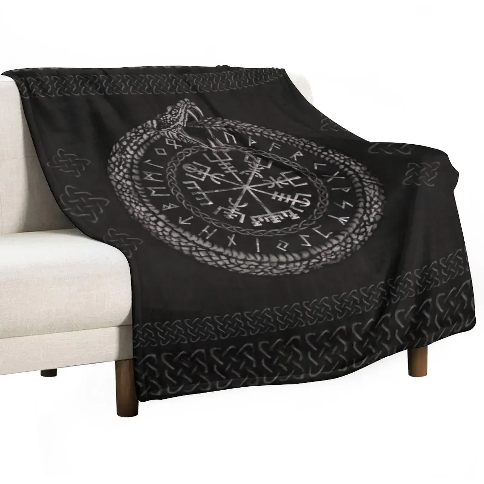 Vegvisir with Ouroboros and runes Throw Blanket Soft Beds Loose Camping Blankets