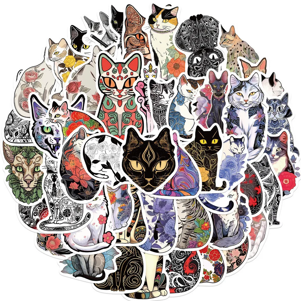 50PCS Cartoon Tätowierte Katzen Wasserdichte Graffiti Aufkleber für Helm Fahrrad Hand Konto Federmäppchen Aufkleber LanLanStickersWorld