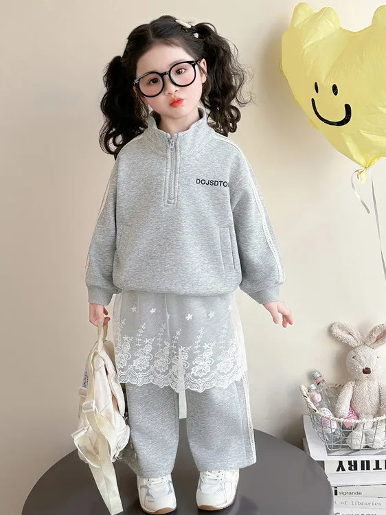 

Spring Faion Kids' Knitted Sportswear Set for Girls High Waist Long Sve High Waist Long Pants Two-Piece Set Korean Sle