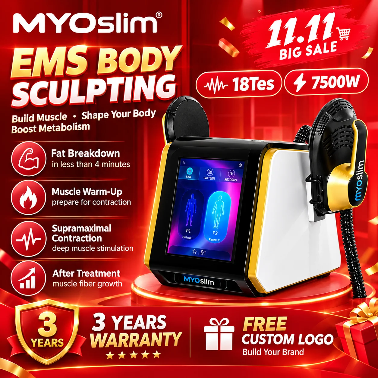 EMS Muscle Stimulator MYOslim 18Tes 7500W Body Shaping Machine HI-EMT Fitness Equipment for Home Workout and Personal Training