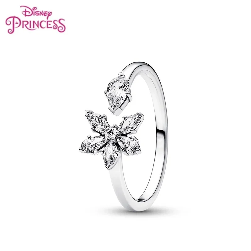 Disney 2024 New Zircon Ice Flower Heart Flower Ring Original Pandola Wedding Gift DIY Glamour Jewelry For Women