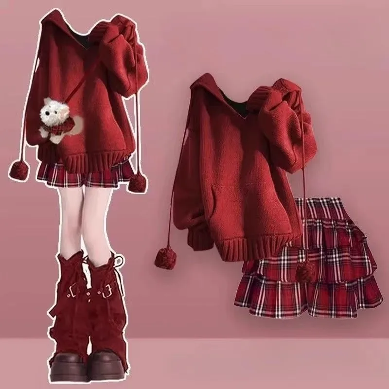 جديد النمط الأجنبي فضفاض وكسول معطف بقلنسوة تنوعا منقوشة تنورة قطعتين مجموعة رائعة بسيطة موضة الاتجاه شخصية #3