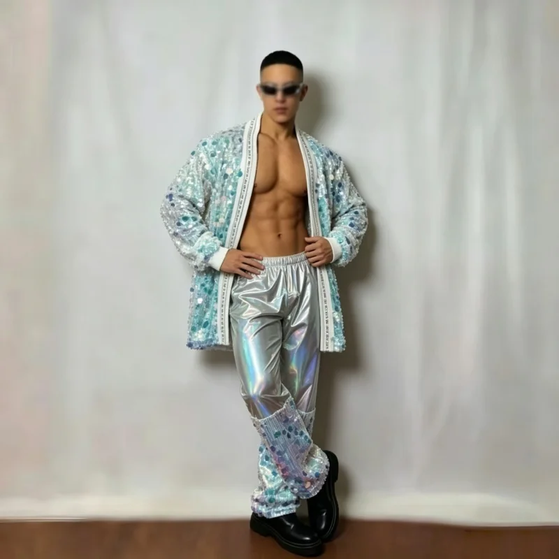 Men's Hip Hop Dance Set Sparkly Sequins Jacket And Pants 2-Piece Bar Nightclub Singer Stage Performance Costume Party Outfit