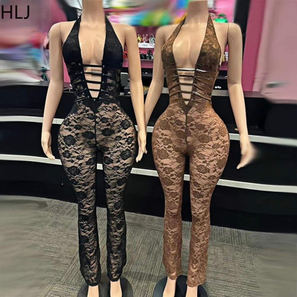 

HLJ Sexy Lace See Though Hollow Bodycon Halter Jumpsuits Women Deep V Sleeveless Slim Party Clubwear Fashion Bandage Playsuits