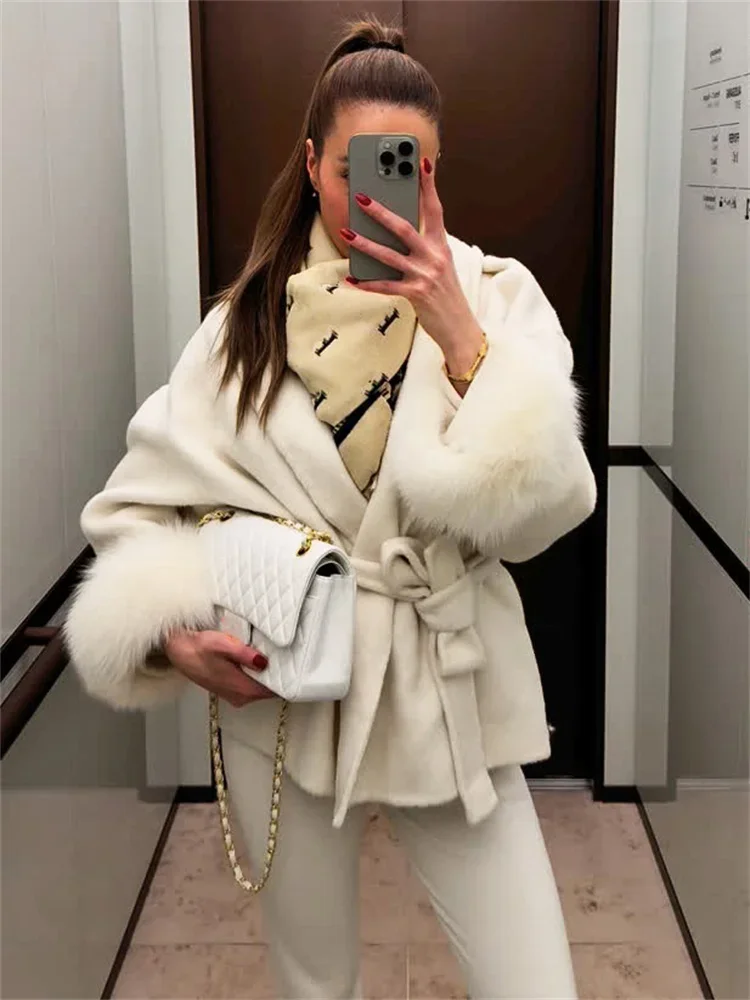 

2025 New Cardigan Jackets Loose Wool Fox Fur Wool Overcoat Women's Short Coat Office Lady Elegant Double-sided Woolen Coat
